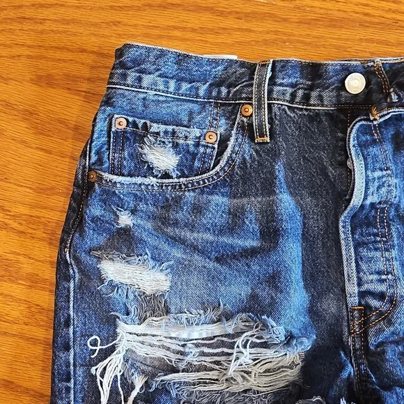 Levi 501 Blue Distressed Jean Shorts - Picture 5 of 9